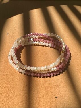 Pink Ruby, Moonstone and Bali Pearl White Beaded Wrap Bracelet with Gold Accents